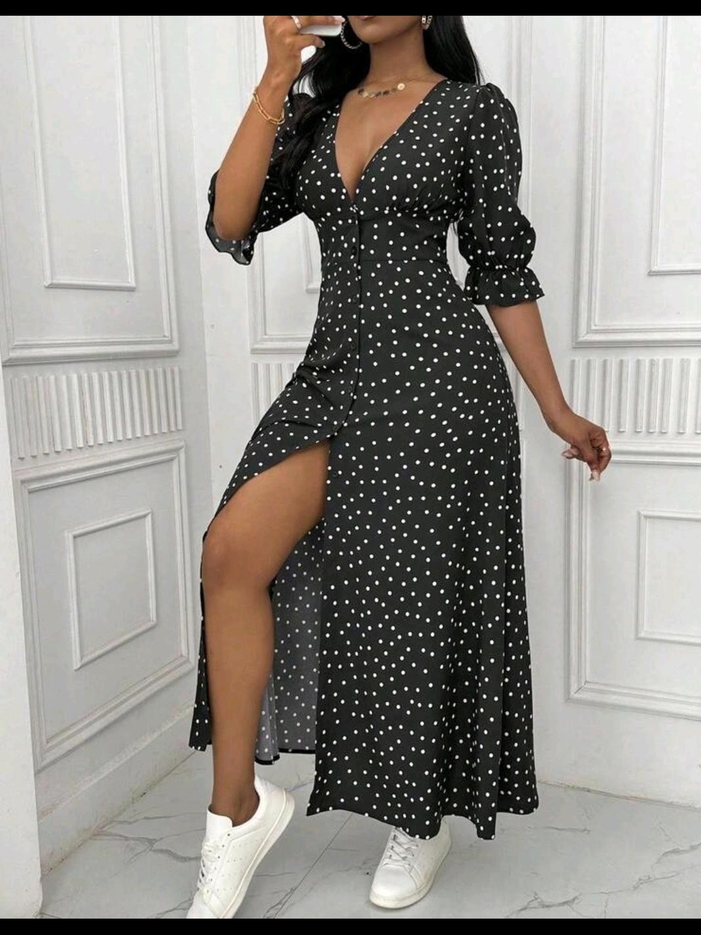 Black Polka Dot Maxi Dress with V-Neck and Side Slit